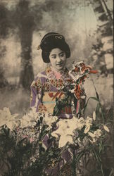 Japanese Beauty with Tiger Lillies Postcard Postcard