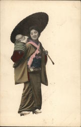 Japanese woman with parasol and baby Postcard Postcard