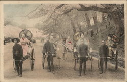 Women taking a ride on hand-pulled rickshaws Japan Postcard Postcard