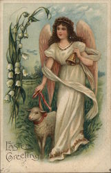 Easter Greeting - Angel holding a bell, walking a lamb With Angels Postcard Postcard Postcard