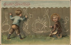 Two Young Boys Drawing Bunnies on a Fence With Children Postcard Postcard Postcard