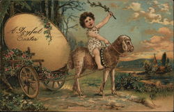 A Joyful Easter - Child Riding a Lamb Pulling a Cart With Lambs Postcard Postcard Postcard