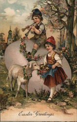 Easter Greetings, children with lamb and giant egg Postcard