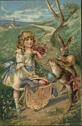 Child and Rabbits Gather Eggs With Bunnies Postcard Postcard Postcard