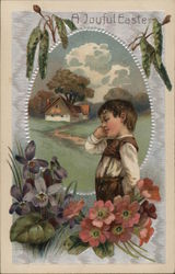 A Joyful Easter-Little boy with farmhouse and flowers Postcard