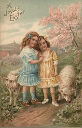 A Joyous Easter - Two Girls with Lambs With Children Postcard Postcard Postcard