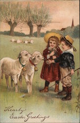 Hearty Easter Greetings - Two children with two lambs With Lambs Postcard Postcard Postcard