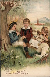 Best Easter Wishes - Three Children with Lambs Postcard