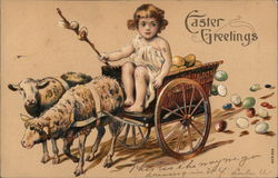 Wagon of Easter Eggs Pulled by Sheep With Children Postcard Postcard Postcard