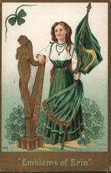 Emblems of Erin - Woman in Green holding a flag and leaning on Harp Postcard