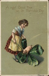 Little Irish girl with Piglet and Shamrock St. Patrick's Day Postcard Postcard Postcard