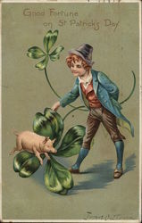 Boy With Shamrock and a Pig St. Patrick's Day Postcard Postcard Postcard