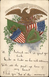 Irish & American Flags with Gold Eagle and Shields Postcard