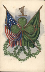 Three Leaf Clover in front of American Flag, Green Flag, and Harp Postcard