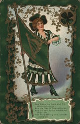 Festive Woman in clovers with a flag displaying a harp Postcard