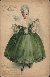 To Greet You - Woman in Fancy Green Dress Holding a White Fan St. Patrick's Day Postcard Postcard Postcard