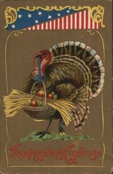 Thanksgiving Greetings - Turkey holding a basket of food Turkeys Postcard Postcard Postcard