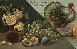 Thanksgiving Greetings - Turkey next to a still life of fruit and flowers Postcard