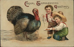 Cordial Thanksgiving Greetings - Two Boys with a Turkey Postcard