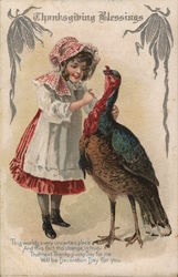 Thanksgiving Blessings - Girl Speaking to a Turkey Turkeys Postcard Postcard Postcard