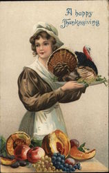 A Happy Thanksgiving - Pilgrim Carrying Turkey Postcard