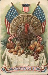 Turkey on a table surrounded by fruits. Two American flags. Patriotic Postcard Postcard Postcard