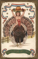 Man appearing to be naked sits on a large turkey holding a tray of food above his head. Postcard