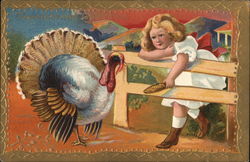 Young Girl Feeds a Turkey Postcard