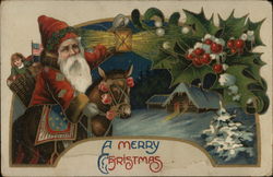 A Merry Christmas Santa on Donkey with Holly and Country Home Postcard