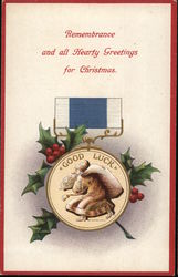 Good Luck Santa on a Military Medal with Holly Postcard