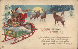 A Christmas Greeting. Santa with his sleigh and toys blows a horn. 5 Deer pay attention. Postcard