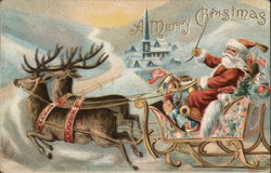 A Merry Christmas-Santa in sled pulled by reindeer Postcard