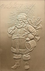 A Merry Christmas - Embossed Santa holding a tree, swords, and instruments Santa Claus Postcard Postcard Postcard