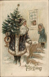 Santa and Tree on the Doorstep Santa Claus Postcard Postcard Postcard