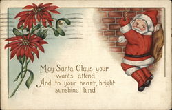 Santa Coming Down Chimney on Rope and Poinsettia Postcard