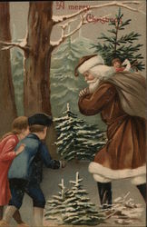 Two children walking outdoor and Santa with a sack of gifts Postcard