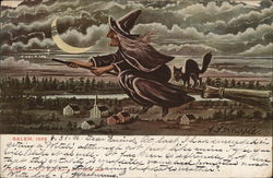 Witch Flying Through Skies Over Salem, 1692 Massachusetts Postcard Postcard Postcard