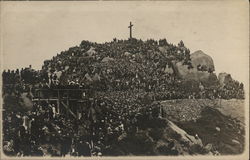 Hundreds of People on Cross-Topped Mountain - Religious Service Postcard