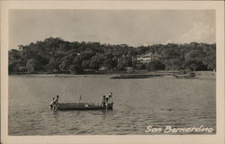 Lake, Scenic View, Boys on Boat Postcard