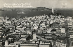 Alcatraz Island and Coit Tower from Top of Russ Building Postcard