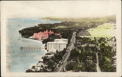 Aerial View of Coastline, Waikiki, Tinted Postcard