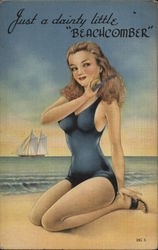 Pinup Girl on Beach Combing Hair Swimsuits & Pinup Postcard Postcard Postcard