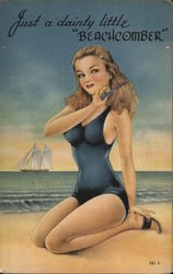 Pinup Girl on Beach Combing Hair Swimsuits & Pinup Postcard Postcard Postcard