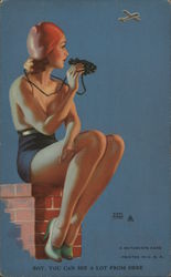 Pinup Girl Perched on Chimney with Binoculars Postcard