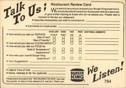 Talk To Us! We Listen! - Burger King Restaurant Review Card Postcard