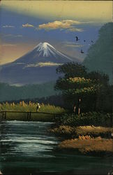 Painting of river and birds in front of Mt. Fuji Postcard