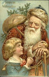 Frohliche Weihnachten Santa with Child Santa Claus Postcard Postcard