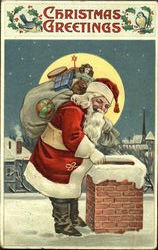 Santa on Rooftop Smoking Pipe Santa Claus Postcard Postcard