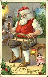 Santa making sled smoking pipe Santa Claus Postcard Postcard