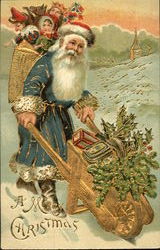 Santa with Blue Robe Wheelbarrow Santa Claus Postcard Postcard